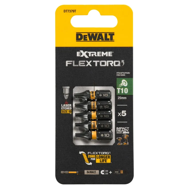 Биты ударные DEWALT "EXTREME" IMPACT TORSION Т10 25мм 5шт. DT7379T-QZ