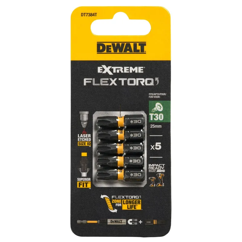 Биты ударные DEWALT "EXTREME" IMPACT TORSION T30 25мм 5шт. DT7384T-QZ