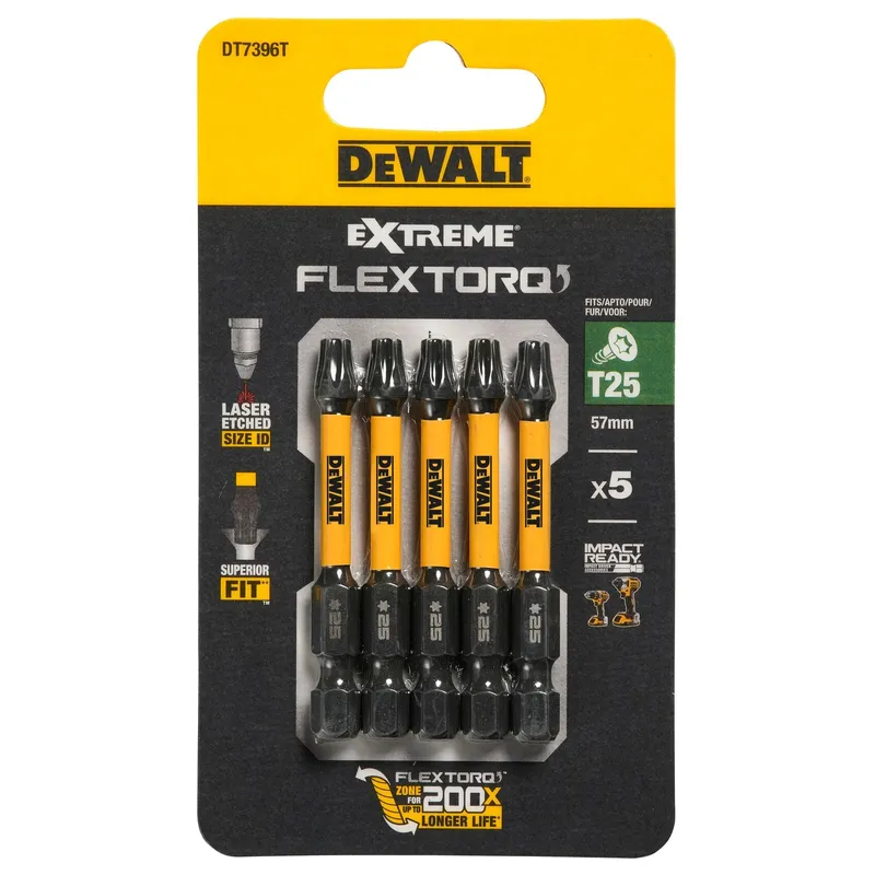 Биты ударные DEWALT "EXTREME" IMPACT TORSION T25 57мм 5шт. DT7396T-QZ