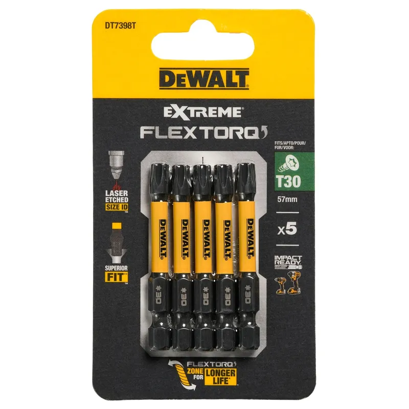 Биты ударные DEWALT "EXTREME" IMPACT TORSION Т30 57мм 5шт. DT7398T-QZ